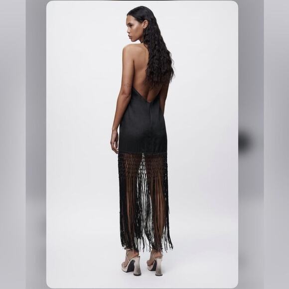 Zara Black LINEN DRESS WITH FRINGE Size Large - Picture 12 of 16